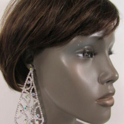 Women big drops silver metal fashion hook earrings fancy rhinestones dangle