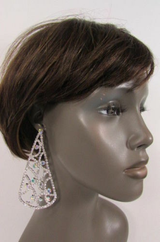 Women Big Drops Silver Metal Fashion Hook Earrings Fancy Rhinestones Dangle