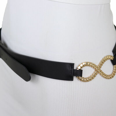 Women black band fashion belt gold metal infinity charm buckle fit s m
