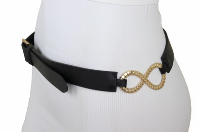 Women Black Band Fashion Belt Gold Metal Infinity Charm Buckle Fit S M