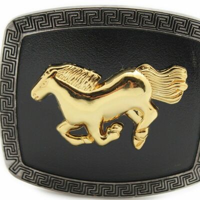 Men casual look western belt buckle silver metal square gold rodeo horse black