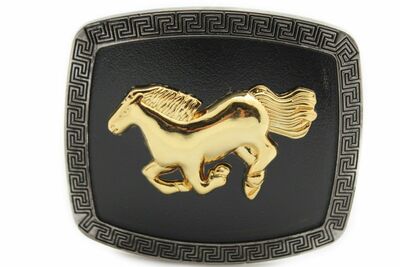 Men Casual Look Western Belt Buckle Silver Metal Square Gold Rodeo Horse Black