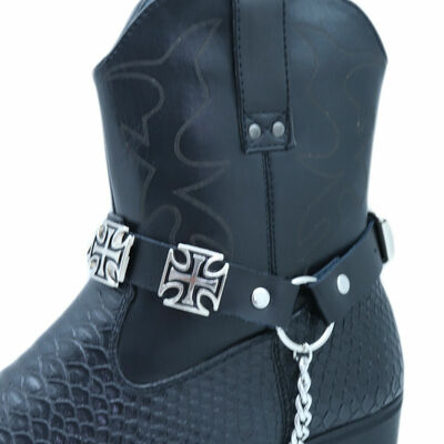 Men chain black color bands western boots 2 straps cross charms adjustable size 