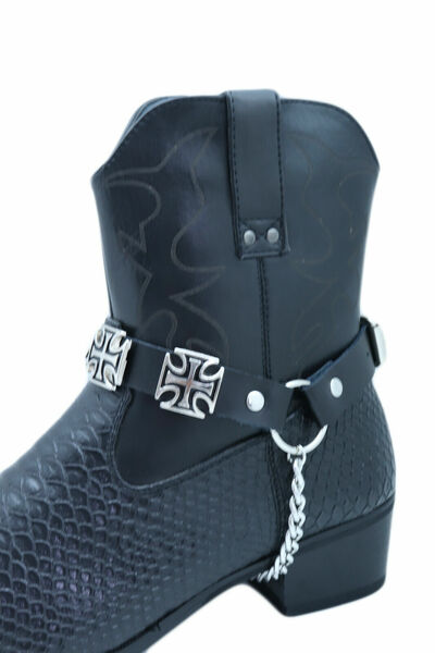 Men Chain Black Color Bands Western Boots 2 Straps Cross Charms Adjustable Size 
