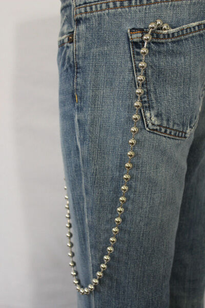 Men Long Silver Metal Ball Charms Wallet Chain KeyChain Biker Jean Trucker Pants