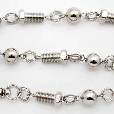 Men long silver metal wallet chains motorcycle rider chunky strand balls screws