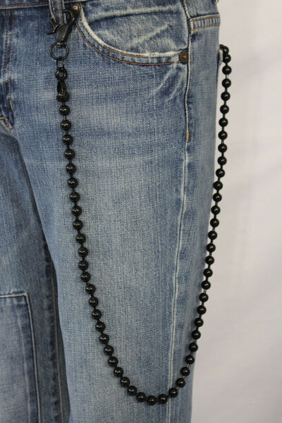 Men Long Strand Black Color Metal Balls Wallet Chain Strong Biker Jeans Trucker 