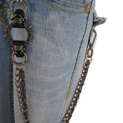 Men metal gunmetal wallet chains long strong spike biker jeans pewter big charm