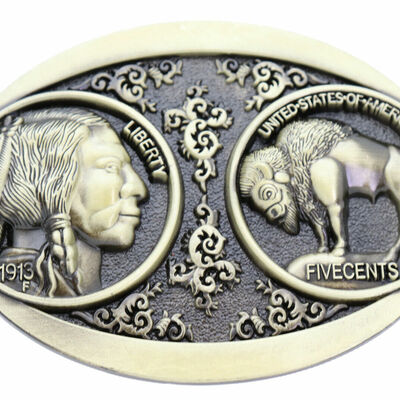 Men native cowboy western metal belt buckle antique gold buffalo 5 cents indian