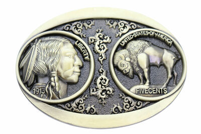 Men Native Cowboy Western Metal Belt Buckle Antique Gold Buffalo 5 Cents Indian