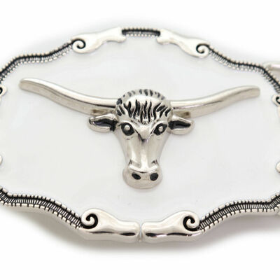 Men silver metal belt buckle texas long horn cow unisex white color rodeo bull 