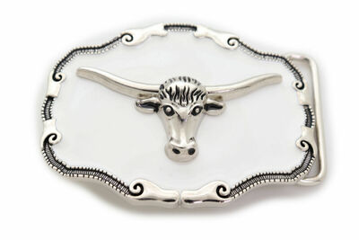 Men Silver Metal Belt Buckle Texas Long Horn Cow Unisex White Color Rodeo Bull 