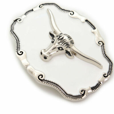 Men silver metal belt buckle texas long horn cow white color rodeo cowboy bull 