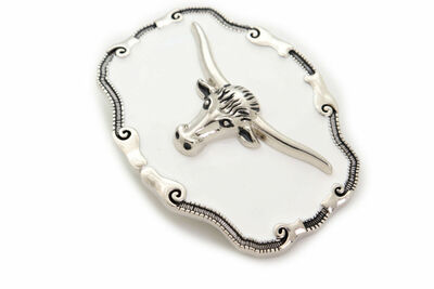 Men Silver Metal Belt Buckle Texas Long Horn Cow White Color Rodeo Cowboy Bull 