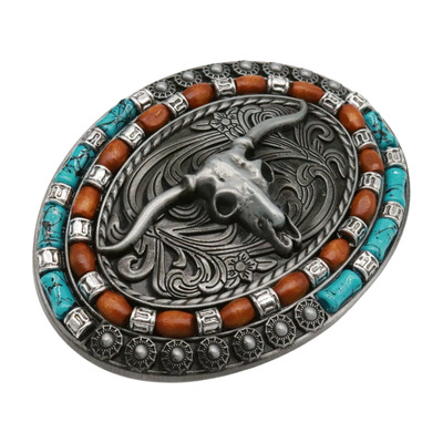 Men silver metal buckle western bull long horn texas turqioise blue brown beads