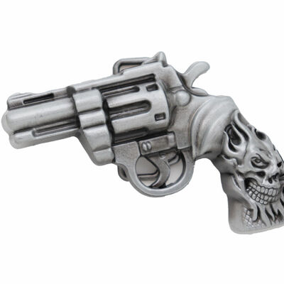 Men silver metal western fashion sturdy belt buckle revolver gun skull gngster