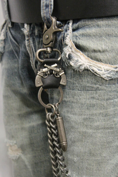 Men Silver Strong Metal 2 Strands Wallet Chain KeyChain Bullet Charm Jeans Biker