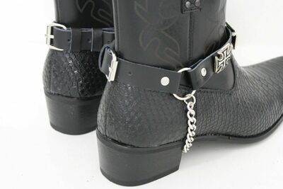 Men Western 2 Boots Straps Silver Metal Chain Cross Charms Religious Style