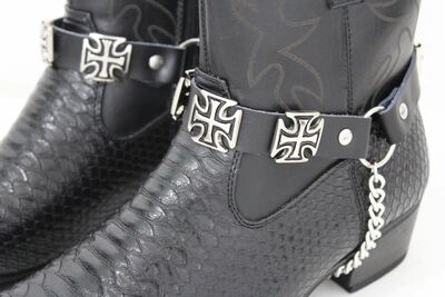 Men Western Boot Silver Metal Chain Pair Strap Bracelets Cross Charm Motorcycle