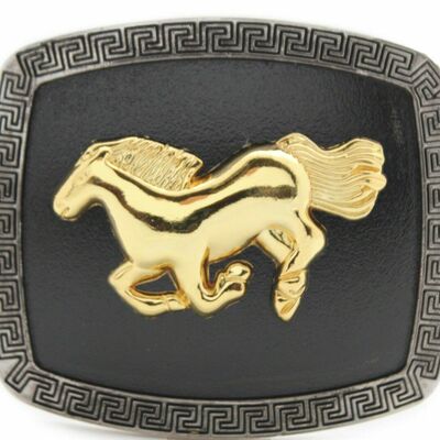 Men women western belt buckle silver metal square gold rodeo horse black fabric
