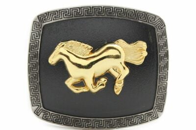 Men Women Western Belt Buckle Silver Metal Square Gold Rodeo Horse Black Fabric