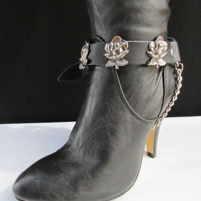 New biker western boot silver chain pair black leather straps rose flowers