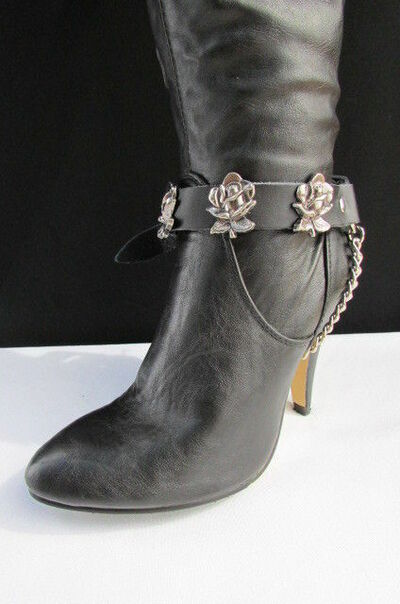 New Biker Western Boot Silver Chain Pair Black Leather Straps Rose Flowers