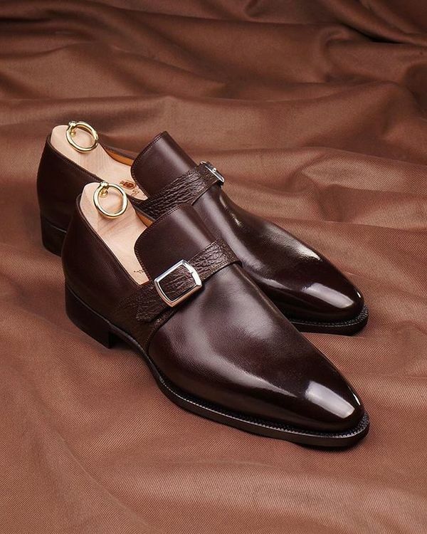 靴 ORDER MADE?? box calf single monk shoes Handmade Men Meleze box calf single monks with shark skin