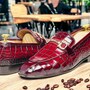 Men's Brown Alligator Skin Texture Leather Moccasin, Handmade Apron Toe Horse Bit Leather Loafers -1