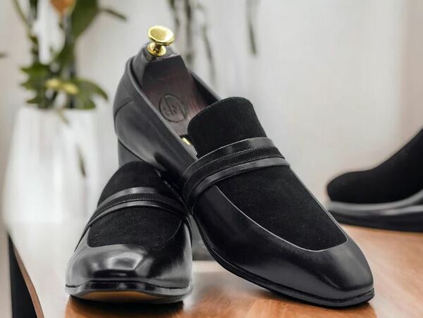 Men's Hand Crafted Black Slip On Leather Loafers, Suede Leather Stack Moccasin Loafer, Leather Loafer Shoes