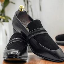 Men's Hand Crafted Black Slip On Leather Loafers, Suede Leather Stack Moccasin Loafer, Leather Loafer Shoes