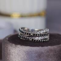 Natural Black Spinel and White Topaz 925 Sterling Silver Ring   ( US size 6 ) August and November Birthstone Ring for Women - Thumbnail 3