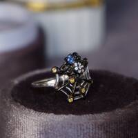 Web Predator- Natural Blue Sapphire Spider and Natural Yellow Sapphire Ring 925 Sterling Silver Ring September Birthstone US 6 1/4 or 6.25 - Thumbnail 2