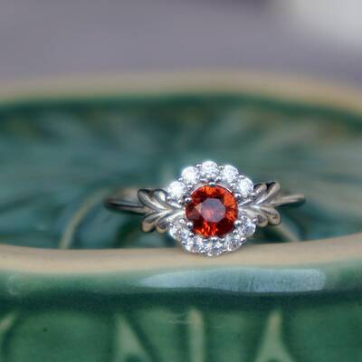 Cz halo natural orange spinel ring 925 sterling silver ring for women engagement ring anniversary gift birthday gift us size 6.25 or 6 1/4