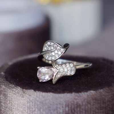 Artistic- pear shape pink morganite ring 925 sterling silver ring  gift for girlfriend ring for women us size 5 1/4 or 5.25