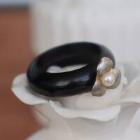 Natural Elements: Fragrant Black Ebony Wooden Ring With 925 Sterling Silver Flower and Freshwater Pearl Ring US size 8 - Thumbnail 3