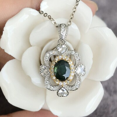 Natural green sapphire pendant 925 sterling silver pendant green sapphire jewlery two tone plating(stone is not perfect)