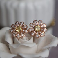 Daisy--Natural Yellow Sapphire Floral Earstuds 925 Sterling Silver Stud Earrings Plated with Rose Gold For Lady and Girl - Thumbnail 2