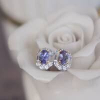 Elegant CZ Halo Natural Tanzanite Earstuds 925 Sterling Silver Stud Earrings Gift for girlfriend for Birthday - Thumbnail 1