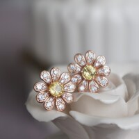 Daisy--Natural Yellow Sapphire Floral Earstuds 925 Sterling Silver Stud Earrings Plated with Rose Gold For Lady and Girl - Thumbnail 5