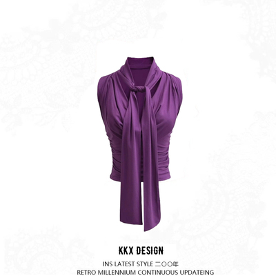 Retro swing collar ribbon sleeveless vest elastic pleated outer wear pullover top