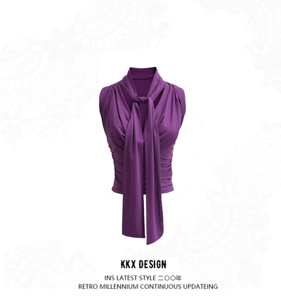 Retro swing collar ribbon sleeveless vest elastic pleated outer wear pullover top