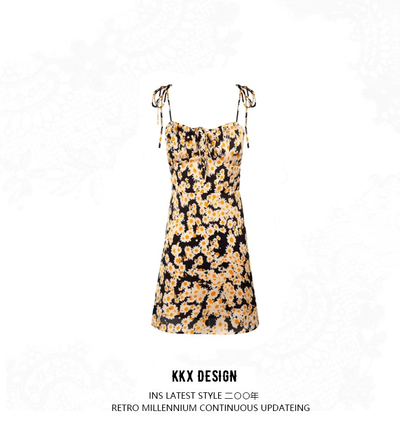 French style double shoulder tie dress women's slim waist print hot girl seaside holiday mini skirt