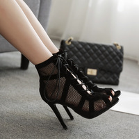 New Black Mesh Fashionable Cross Strap Sexy High Heel Sandals - Thumbnail 1