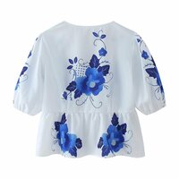 Fashion Printed V-Neck Lace-Up Short Sleeve Top - Thumbnail 1