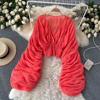 Ladies Fashion Folded Bubble Sleeves Slim Fit Short Chiffon Shirt - Thumbnail 1