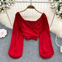 V-neck pleated bubble long sleeved pullover shirt for Women Girls - Thumbnail 3