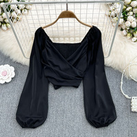 V-neck pleated bubble long sleeved pullover shirt for Women Girls - Thumbnail 4