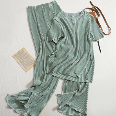 New style round neck t-shirt top high waist split wide leg pants two piece set