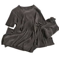 New Style Round Neck T-shirt Top High Waist Split Wide Leg Pants Two Piece Set - Thumbnail 2